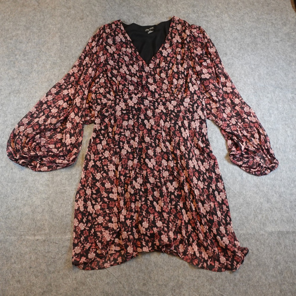 City Chic Dress Womens Medium Black Floral Smocked Waist Balloon Sleeve Chiffon